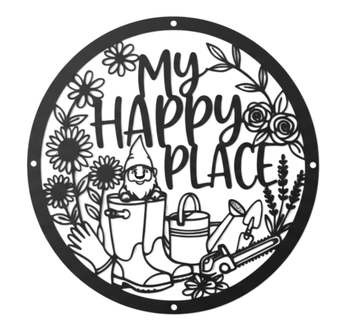 My Happy Place Gartenzwerg mit Blumen Metallschild rund – Bild 1
