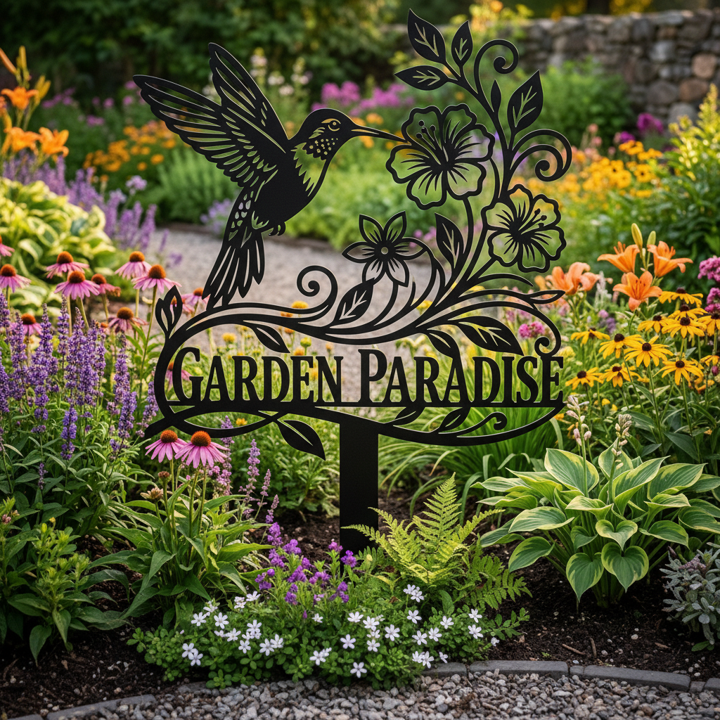Hummingbird garden stake with flowers in black steel for beds and planters – image 10