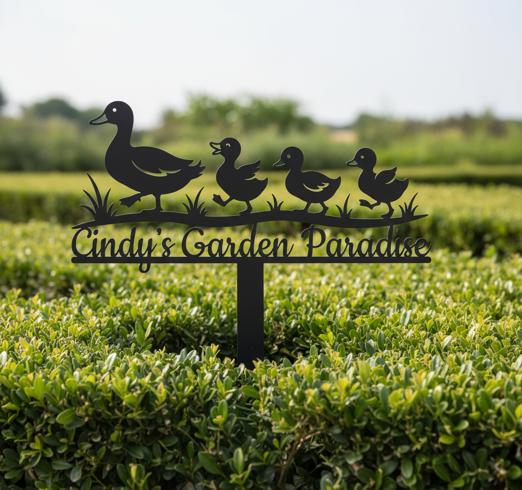 Personalisierter Gartenstecker Entenfamilie mit Entenmama, Küken und Familienname aus schwarzem Stahl – Bild 4