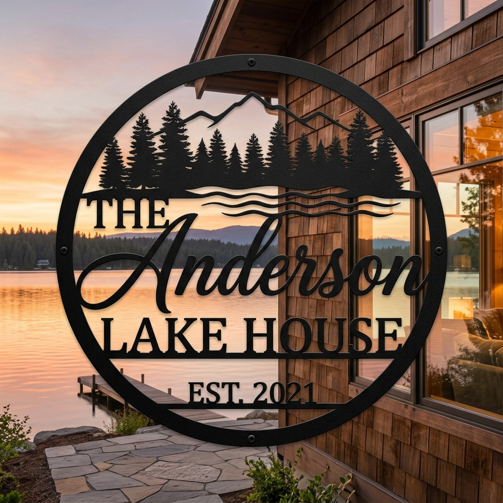 Personalized round lake house sign with mountains and pine trees in black steel – image 2