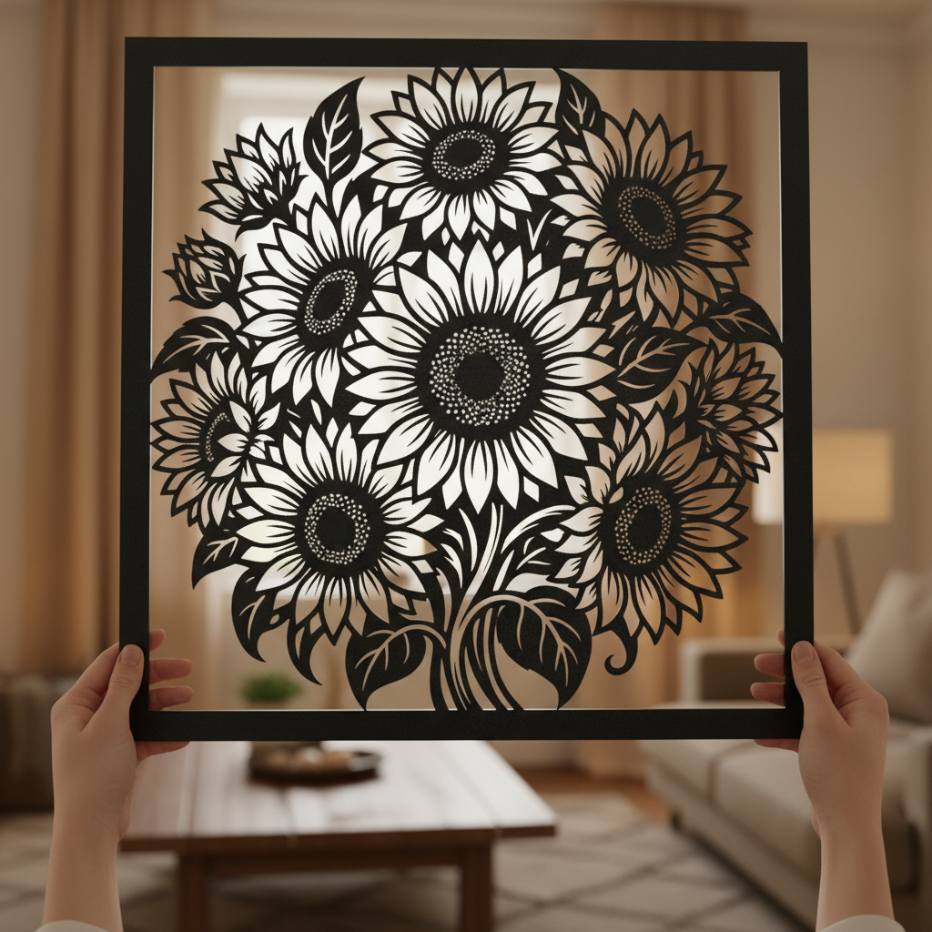 Quadratische Sonnenblumen Wanddeko aus Metall mit Sonnenblumenstrauß aus schwarzem Stahl – Bild 9