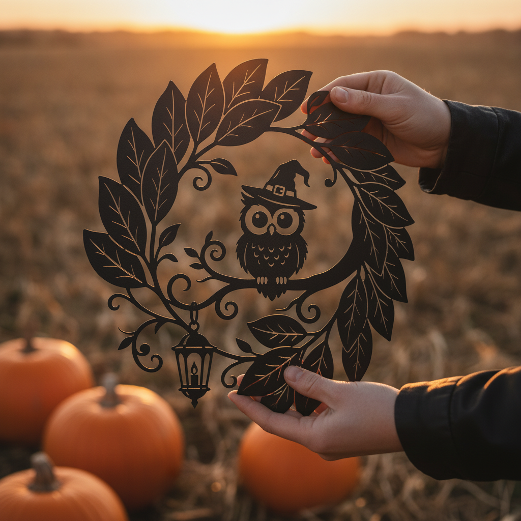 Round Halloween witch and owl metal sign with lantern and leaf wreath – image 7