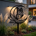 Butterfly with crescent moon and feather garden stake in black steel