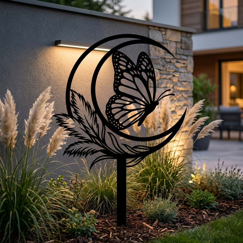 Schmetterling mit Mondsichel und Feder Gartenstecker – Bild 1
