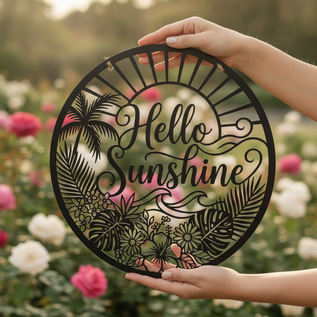 Rundes Metallschild Hello Sunshine mit Palmen, Sonne und Meer aus schwarzem Stahl – Bild 7