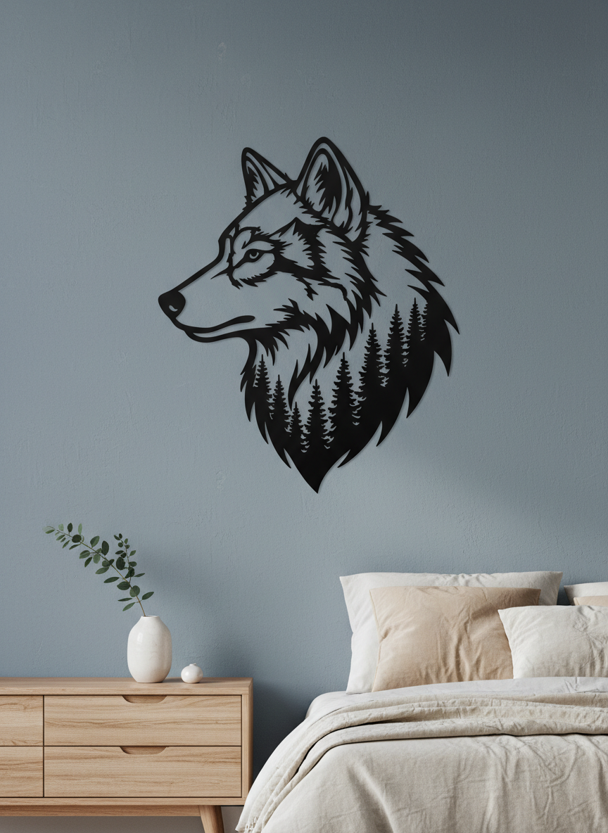 Wolfskopf mit Kiefernwald Metall Wanddeko matt schwarz – Bild 9