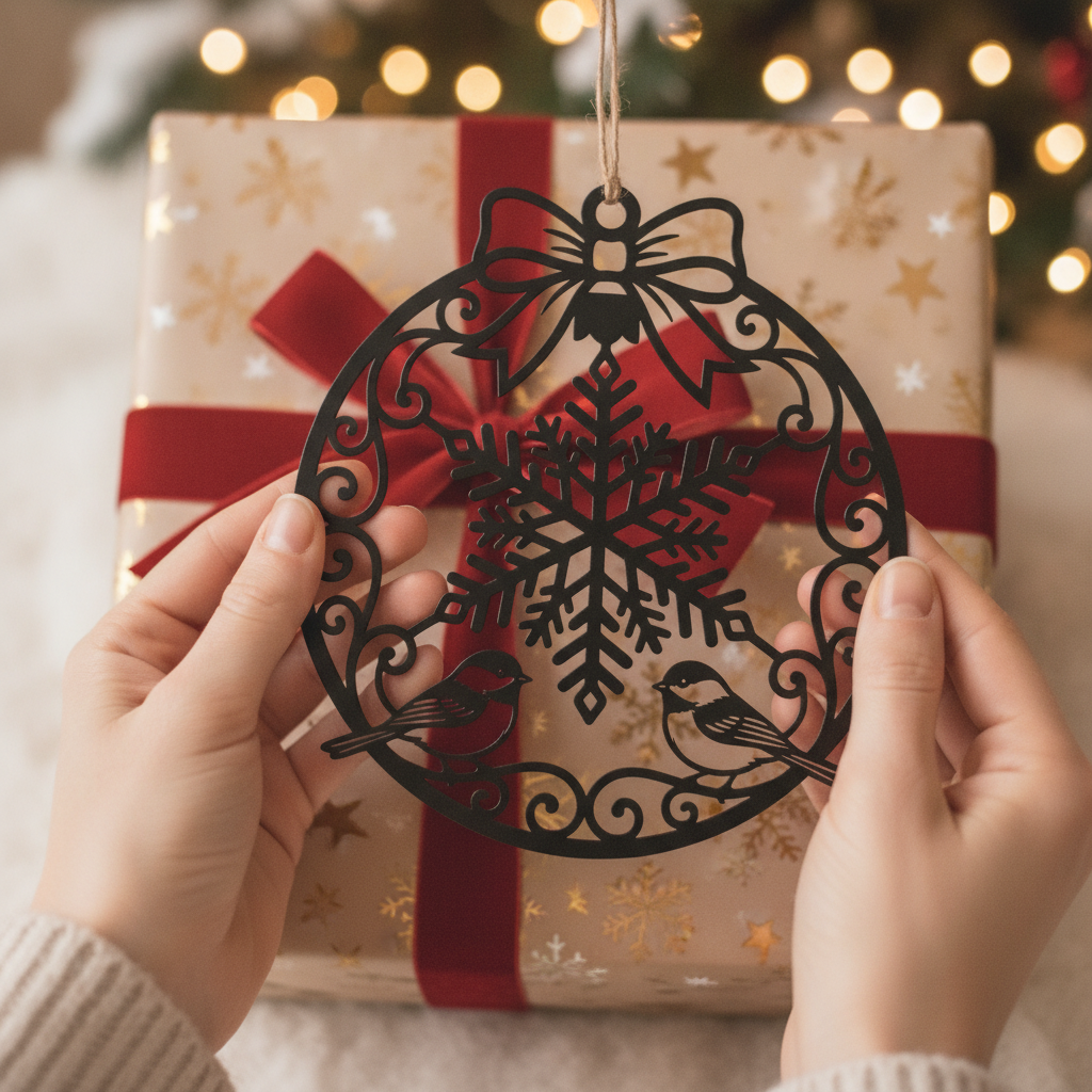 Schneeflocke mit Meisen Weihnachtsornament aus Metall – Bild 2