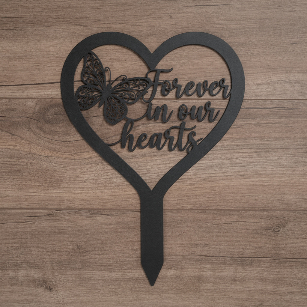 Forever in our hearts memorial stake with heart and butterfly in black steel – image 6