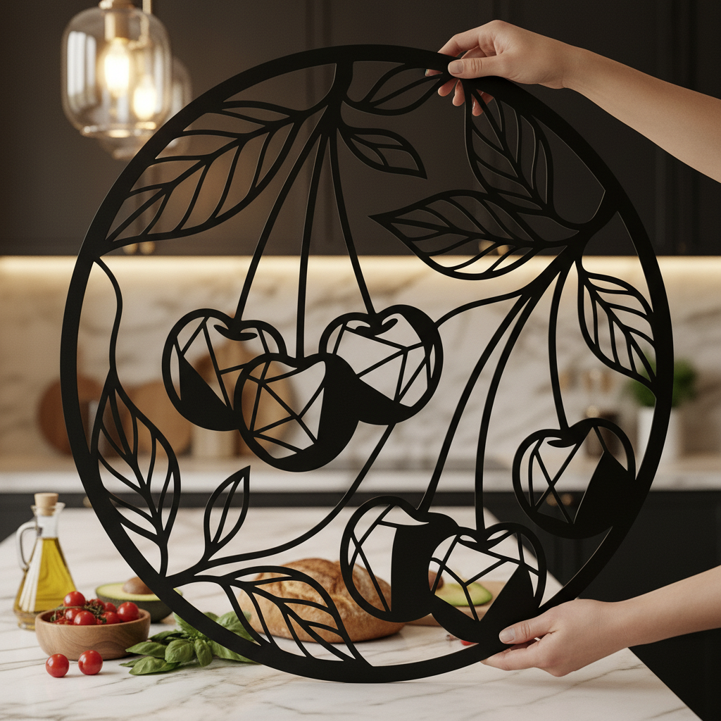 Personalized cherry kitchen sign with botanical fruit and name in black steel – image 7