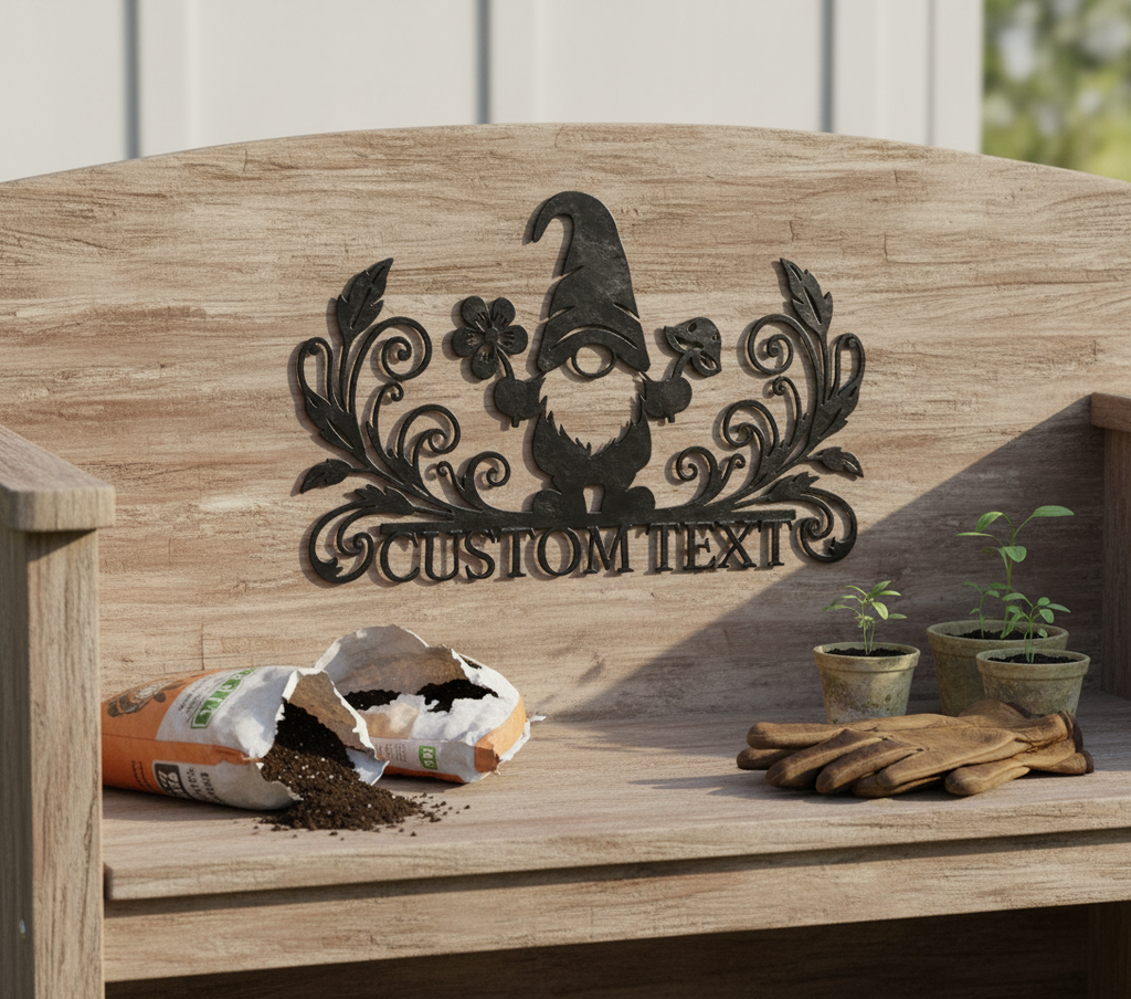 Personalized garden gnome metal sign with flowers, mushroom and name in black steel – image 4