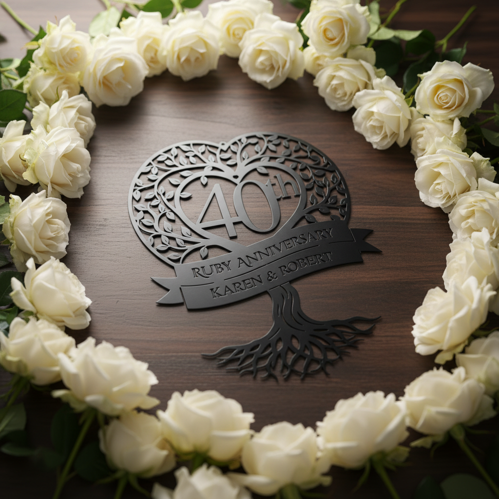 Personalisiertes Metallschild zur Rubinhochzeit mit Lebensbaum und Namen aus schwarzem Stahl – Bild 7