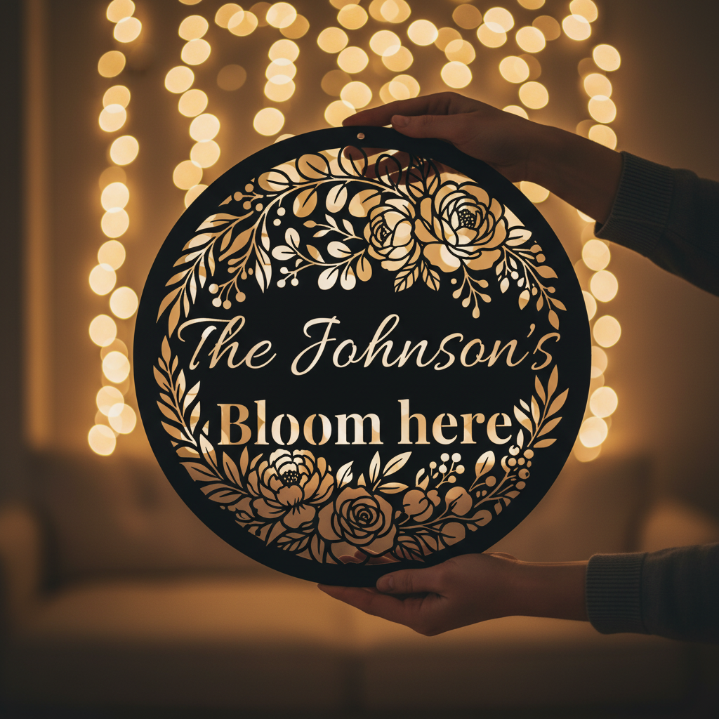 Personalisiertes Familienschild Bloom Here mit Blumen aus rundem schwarzem Stahl – Bild 8