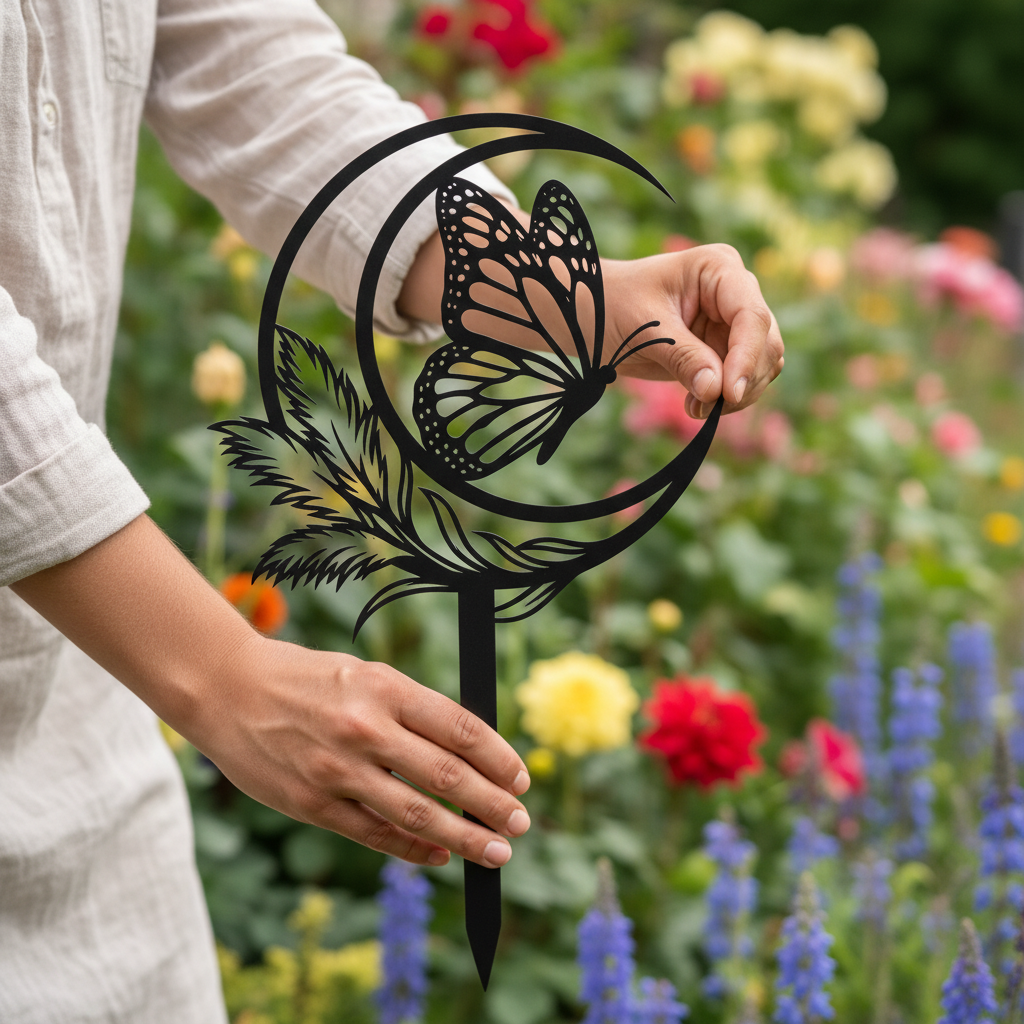 Schmetterling mit Mondsichel und Feder Gartenstecker – Bild 3