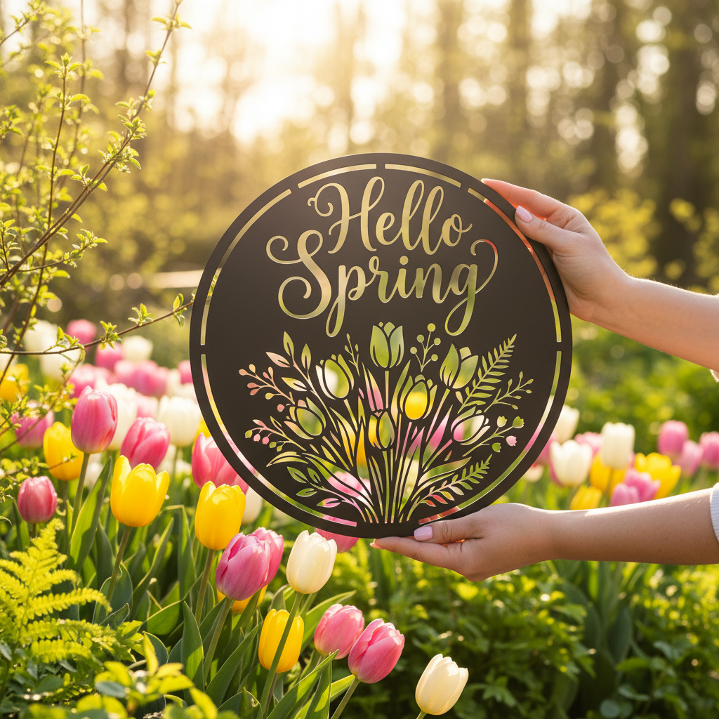 Rundes Metallschild Hello Spring mit Tulpenstrauß aus schwarzem Stahl – Bild 7