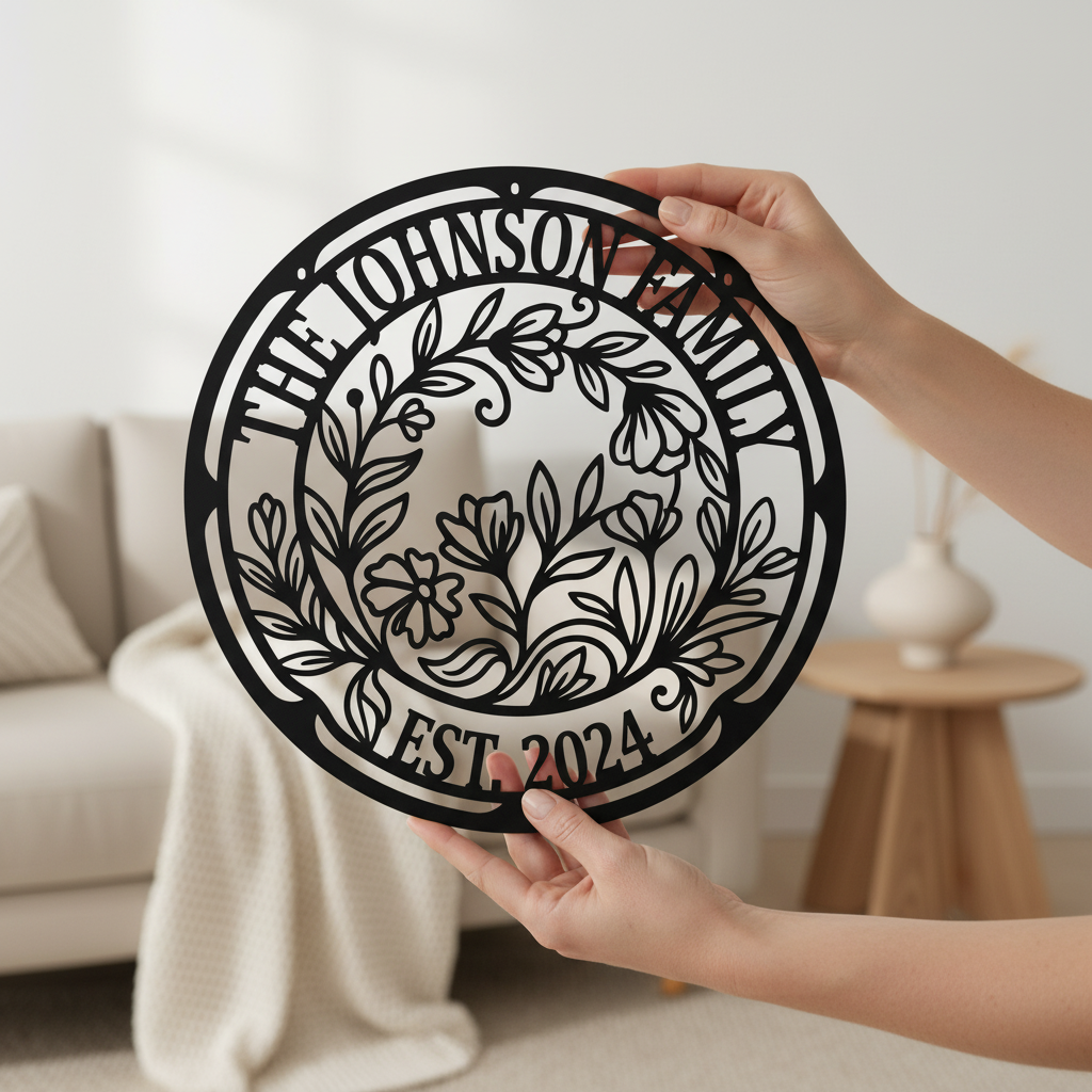 Personalisiertes rundes Familienschild mit Blumenkranz aus schwarzem Stahl – Bild 3