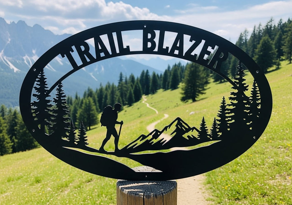 Personalized oval hiker metal sign with mountains and name in black steel – image 9