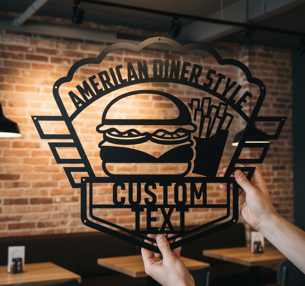 Personalized American diner metal sign with burger and fries in black steel – image 10