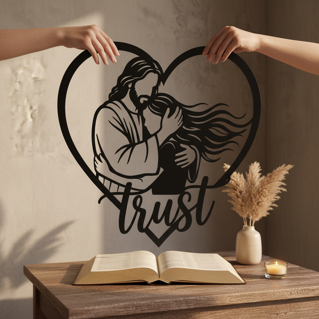 Personalisiertes Herz Metallschild „Trust in Jesus“ mit Namen aus Stahl – Bild 7