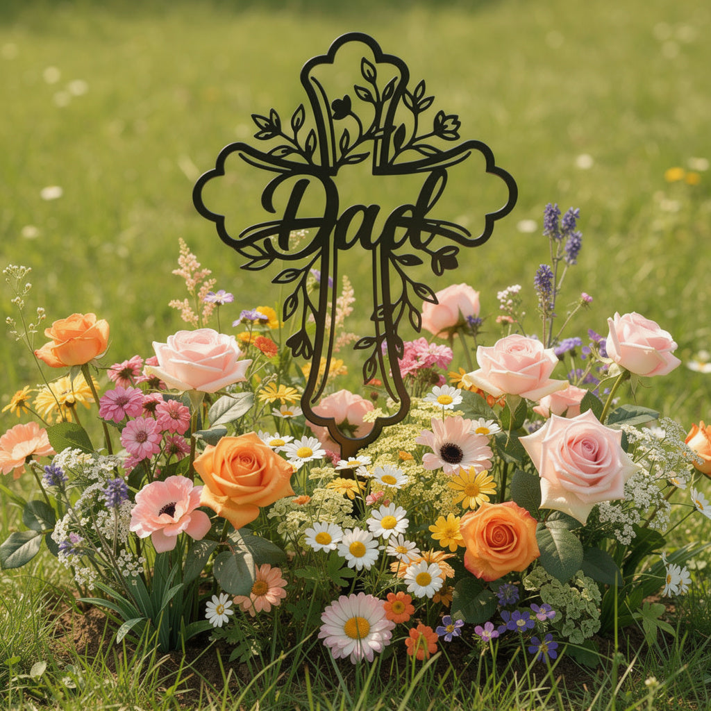 Personalized cross memorial stake for Dad with name and dates in black steel – image 7