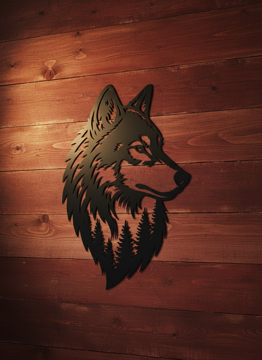 Wolfskopf mit Wald und Bäumen Metall Wanddeko – Bild 4