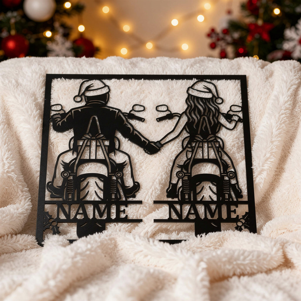Personalized Christmas biker metal sign with name in black steel – image 10