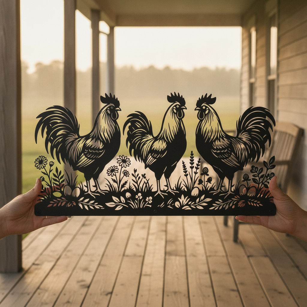 Personalized rooster farmhouse metal sign with farm name in black steel – image 2