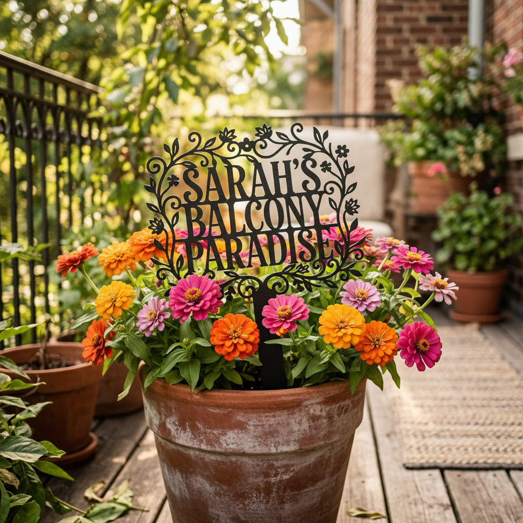 Personalisierter Gartenstecker Balcony Paradise mit Blumenrahmen und Namen aus schwarzem Stahl – Bild 8