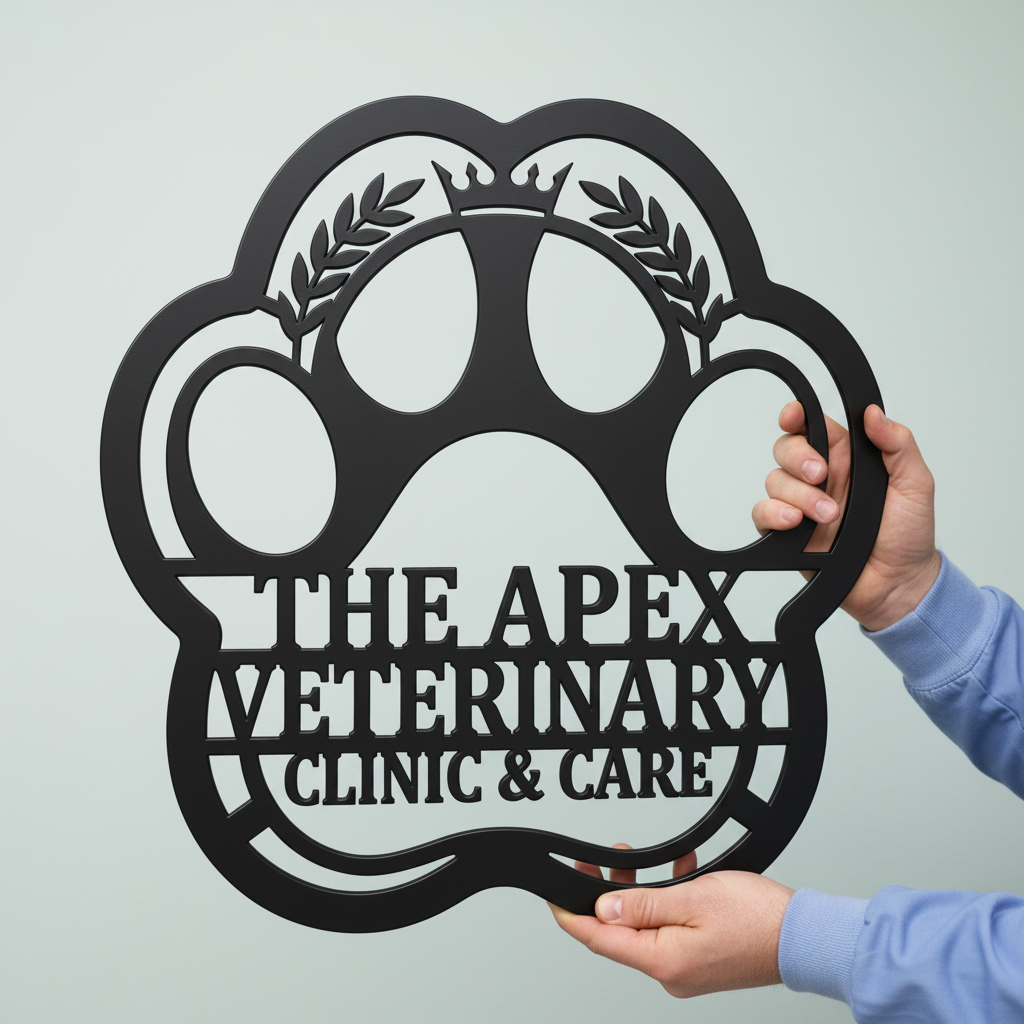 Personalized veterinary clinic metal sign with paw print in black steel – image 8