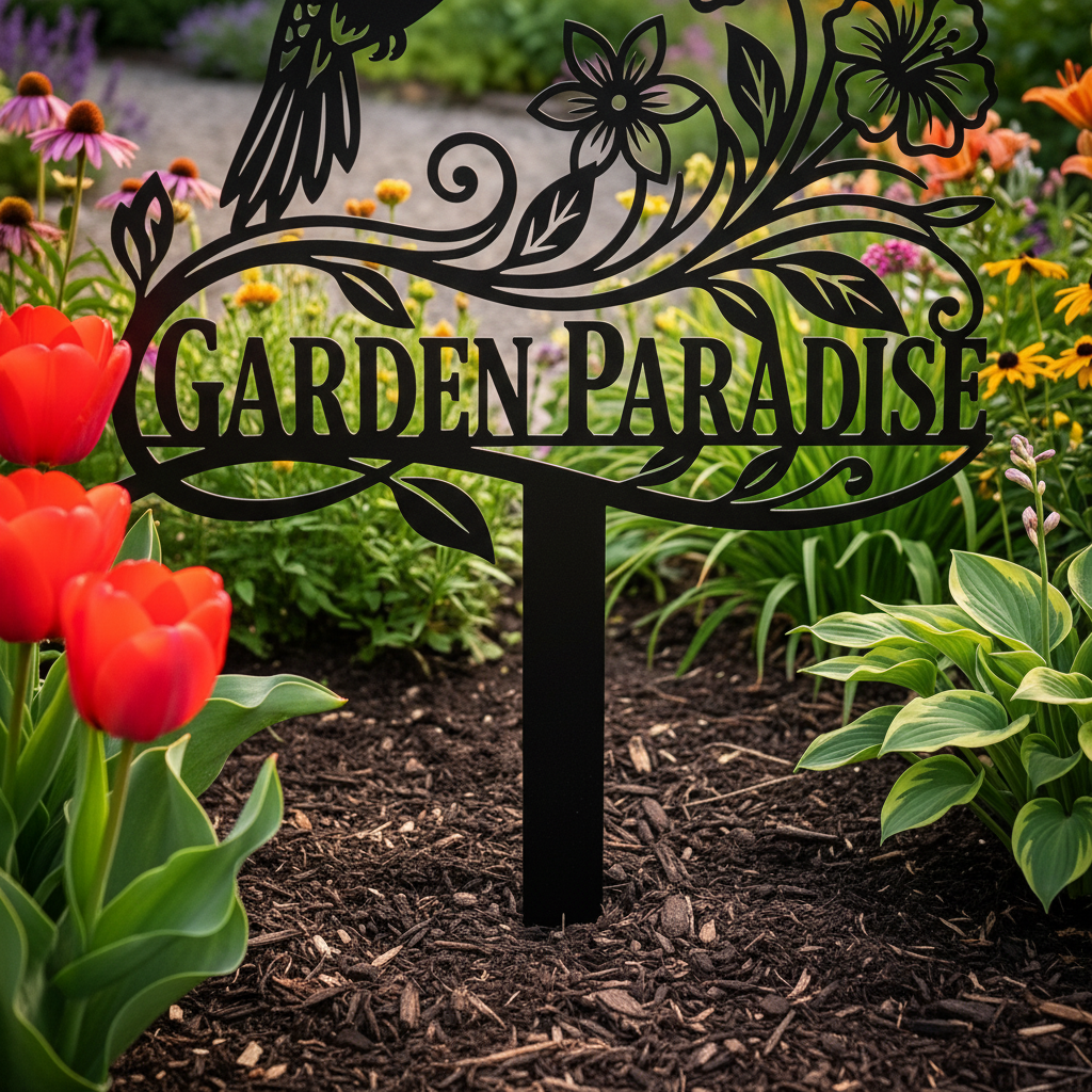 Hummingbird garden stake with flowers in black steel for beds and planters – image 9