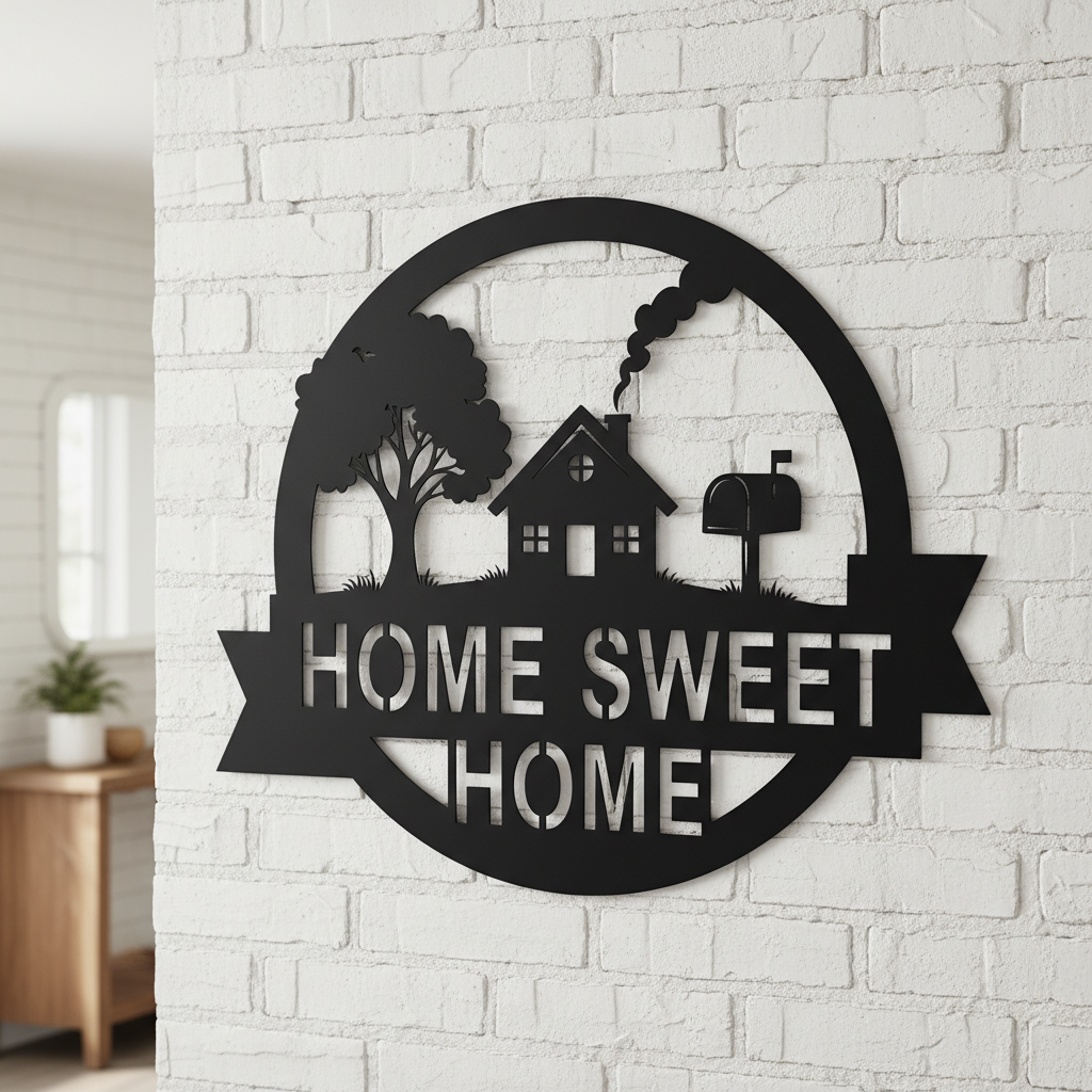 Round Home Sweet Home metal sign with house and mailbox in black steel – image 3