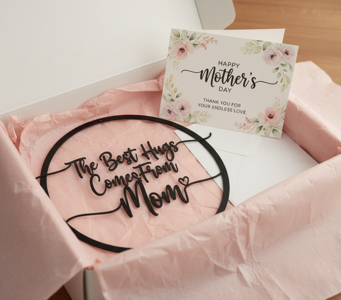 Round metal sign The best hugs come from Mom in black steel – image 9