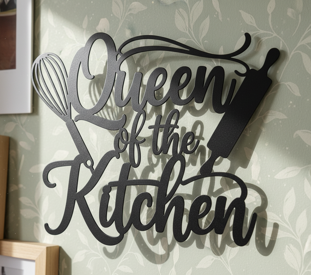 Queen of the Kitchen Metallschild mit Schneebesen und Nudelholz – Bild 9
