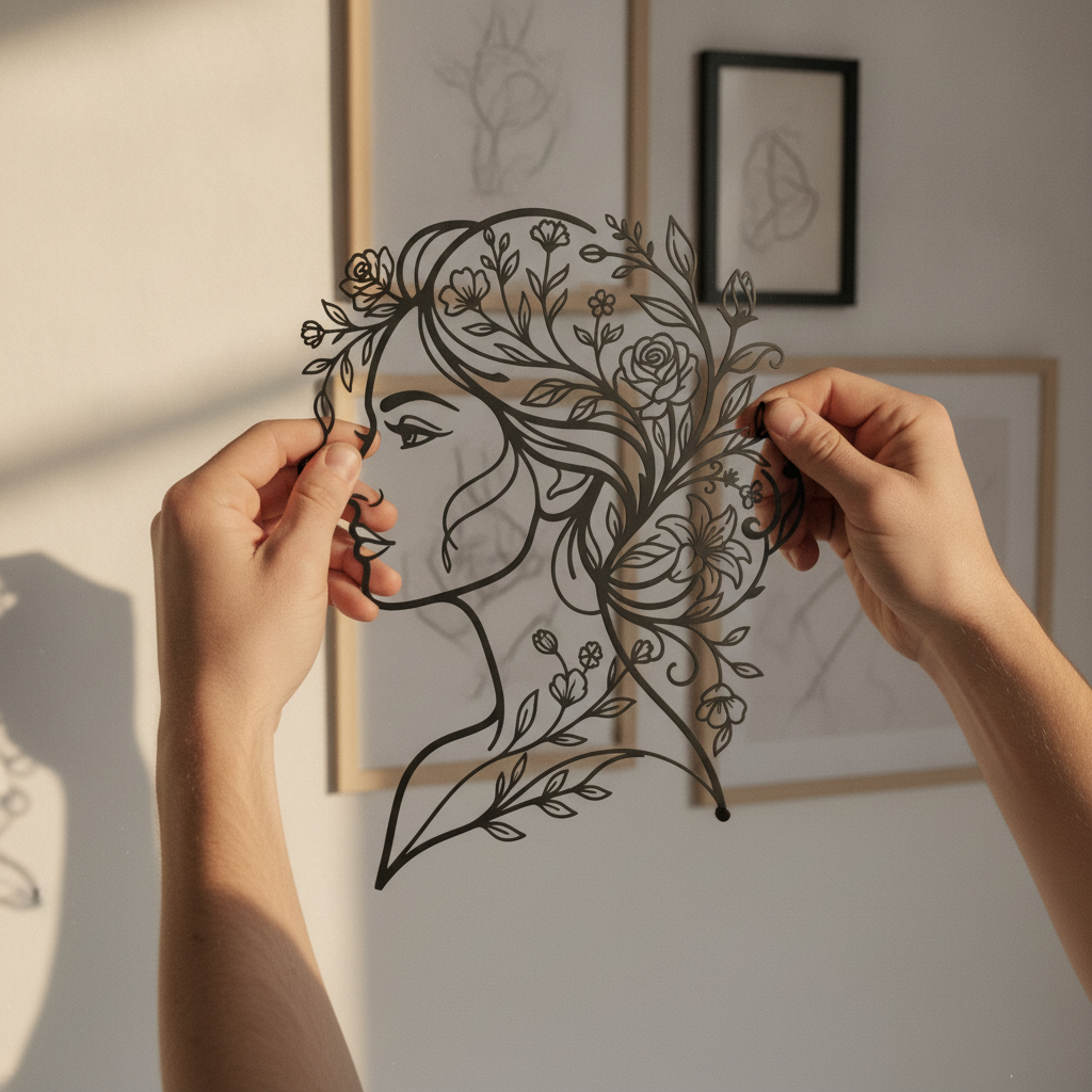 Personalized metal sign of a woman with flowers in her hair in black steel – image 3