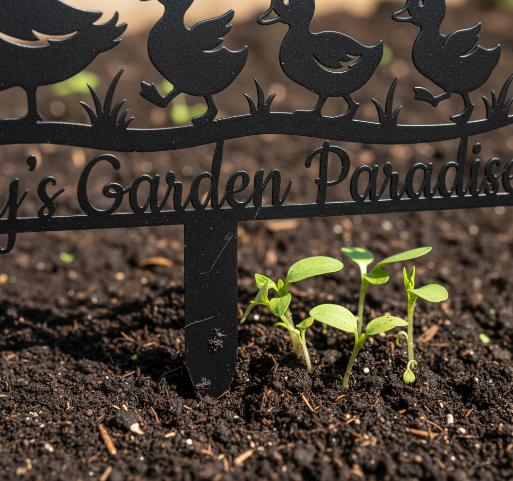 Personalisierter Gartenstecker Entenfamilie mit Entenmama, Küken und Familienname aus schwarzem Stahl – Bild 8