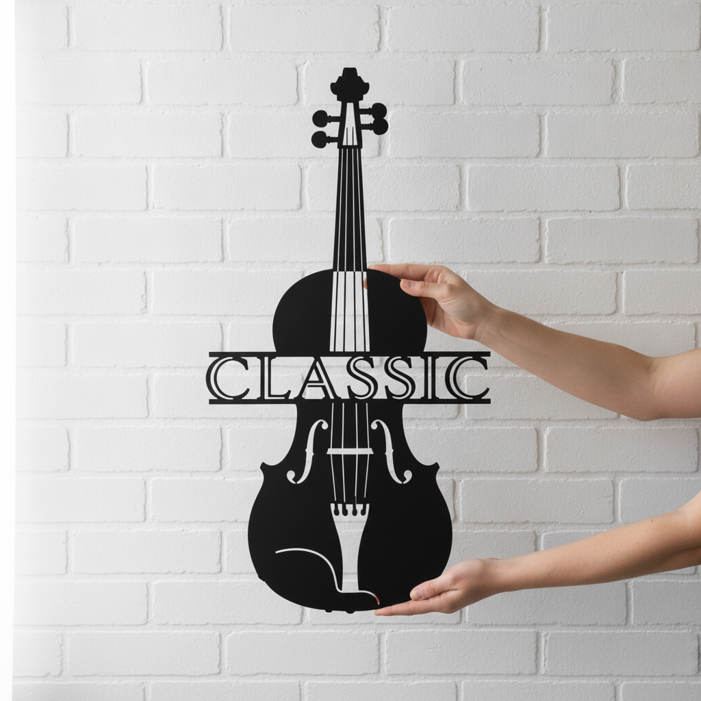 Violin with bow and music staff lines as black steel metal wall art