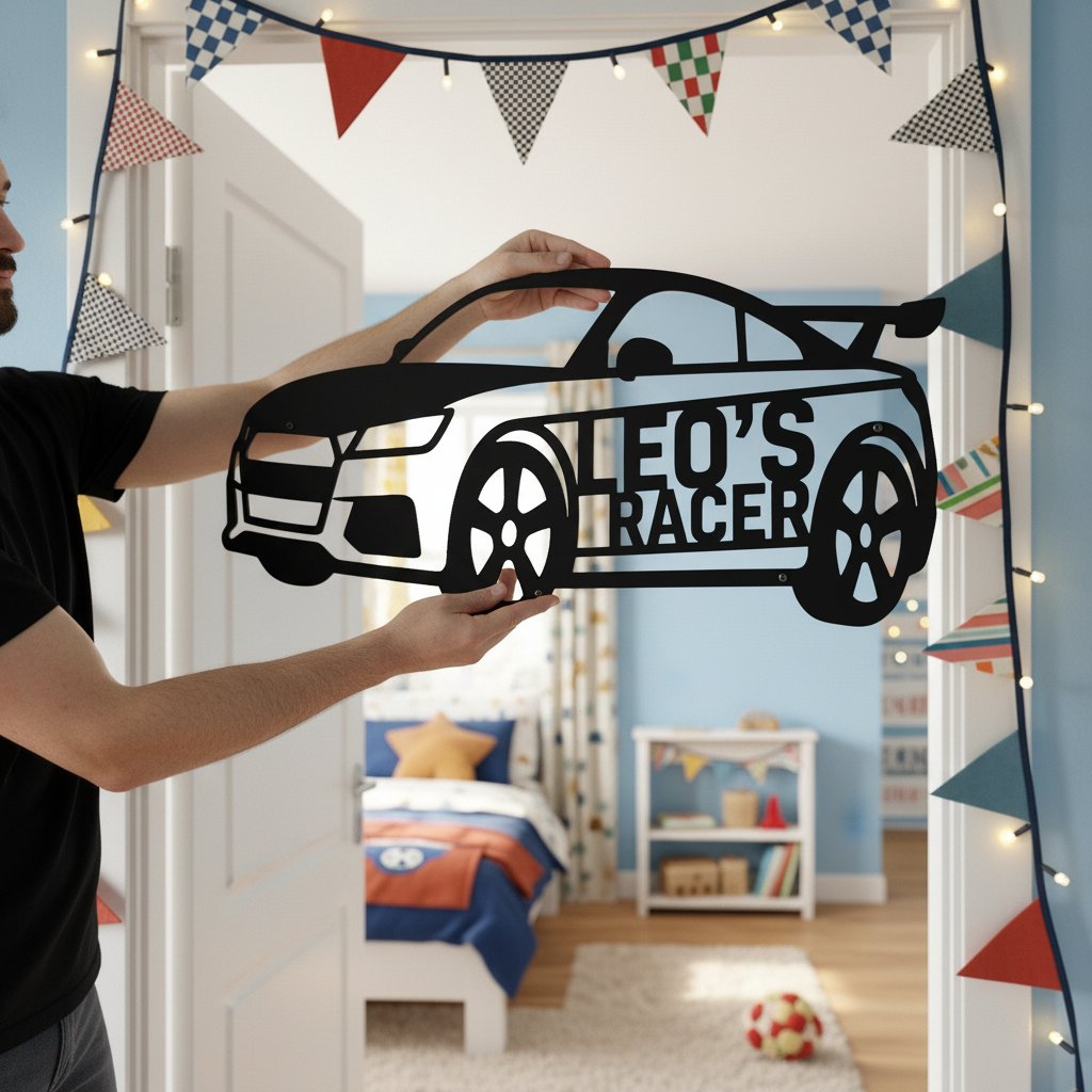 Personalized race car kids name sign in black steel for a boys room – image 4