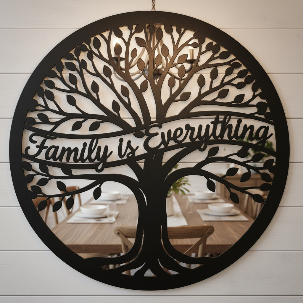 Round tree of life metal sign with Family is Everything in black steel – image 6