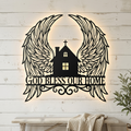 Personalized God Bless Our Home metal sign with angel wings in black steel