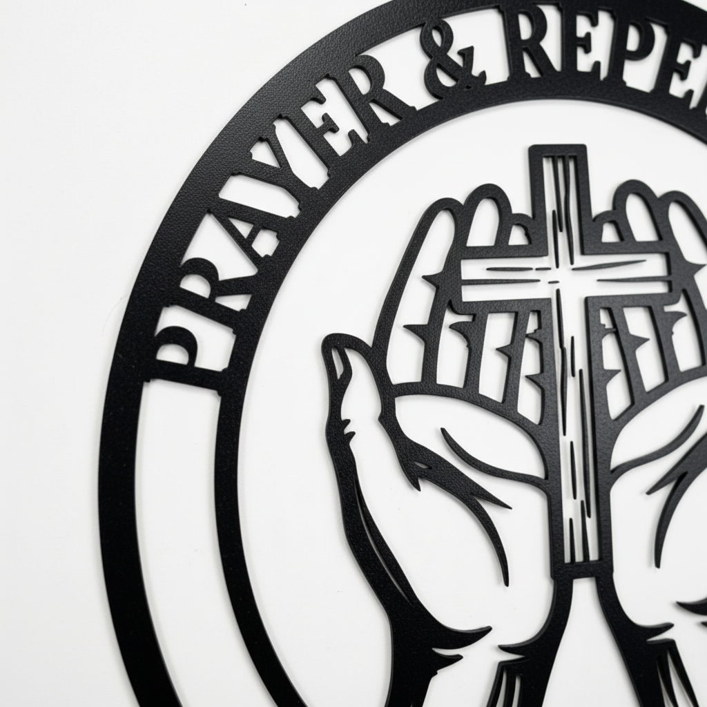 Round Psalm 51:10 metal sign with praying hands and cross in black steel – image 8