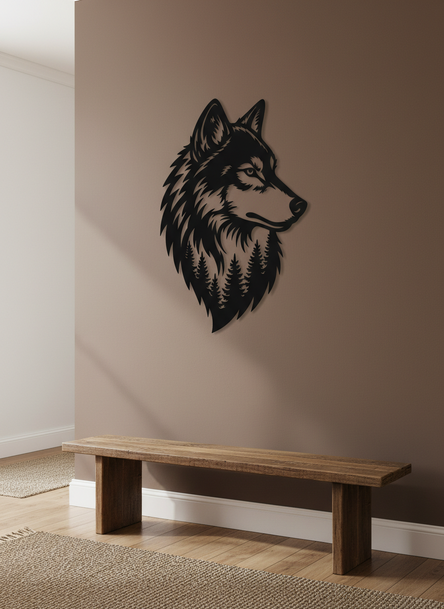 Wolf head metal wall art with forest and trees in black steel – image 10