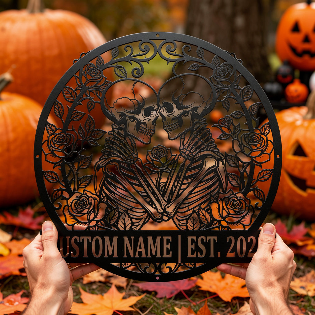 Personalisiertes Skelett-Paar Halloween Metallschild – Bild 7