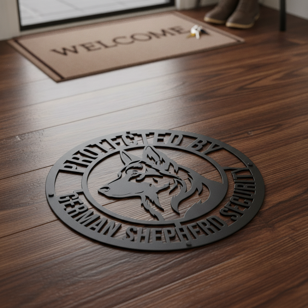 Round Protected by German Shepherd metal sign with watchful dog in black steel – image 4