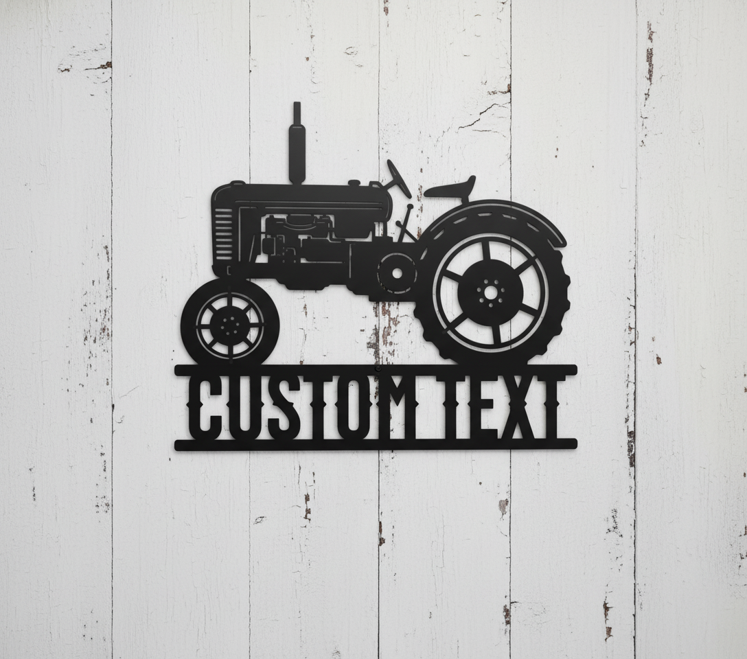 Personalized vintage tractor metal sign with farm name in black steel – image 2