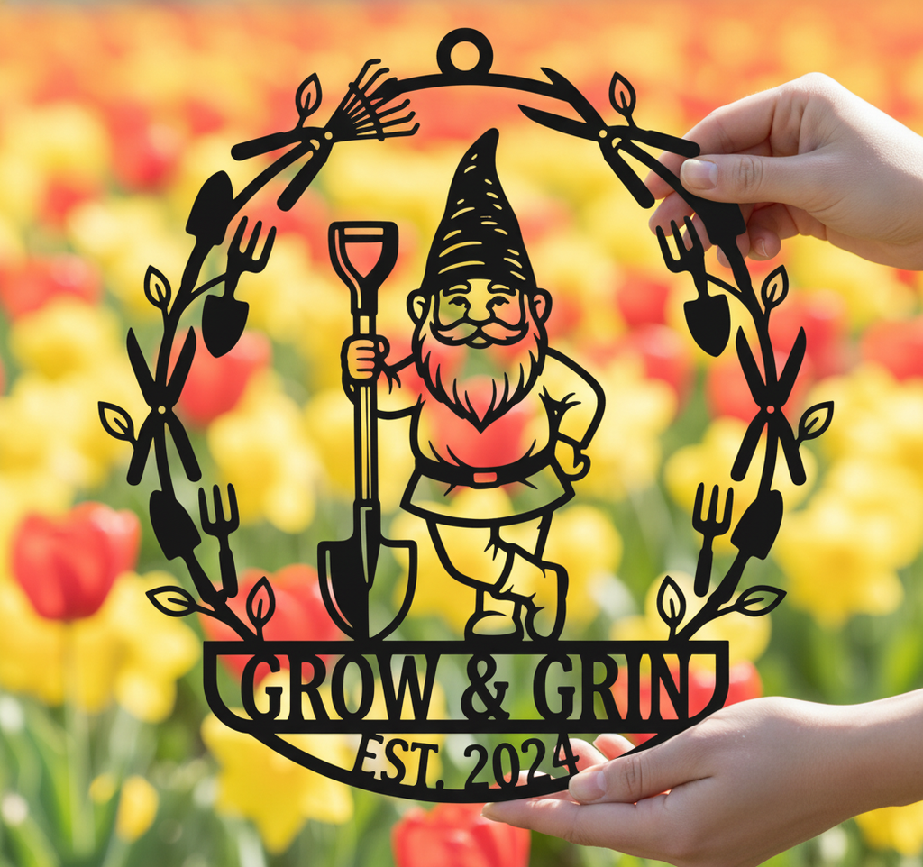 Personalisiertes Gartenschild mit Gartenzwerg und Schaufel im Blätterkranz aus schwarzem Stahl – Bild 8