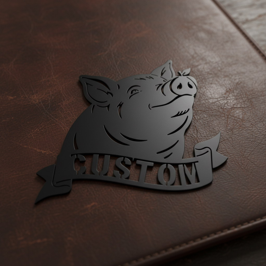 Personalisiertes Schweinekopf Metallschild mit Apfel und Namensband aus schwarzem Stahl – Bild 8