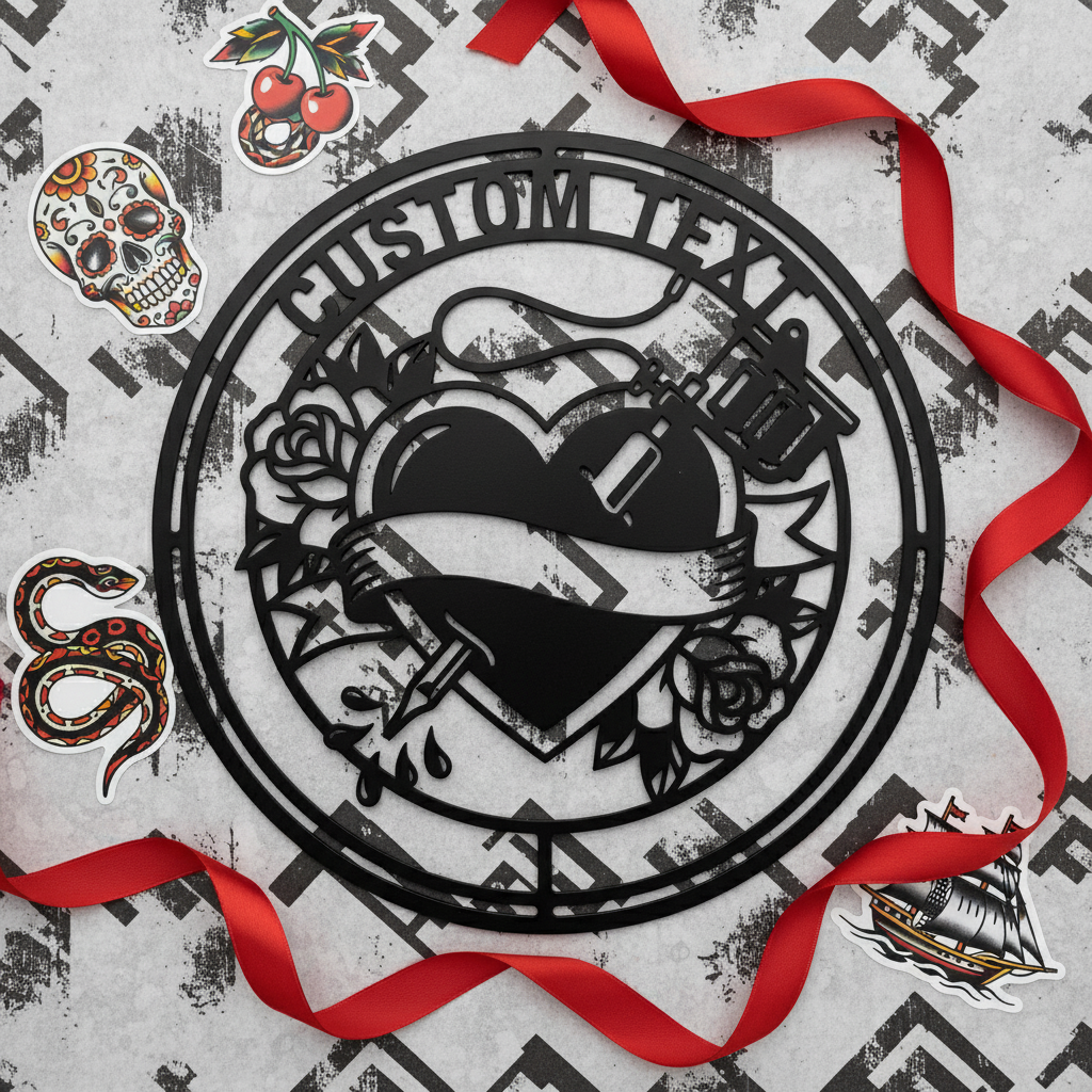 Personalisiertes Tattoo Metallschild rund mit Herz, Rose und Tattoomaschine – Bild 4