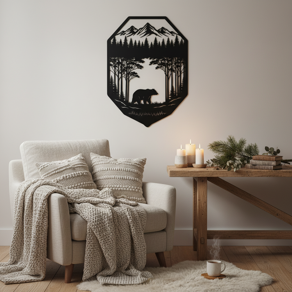 Bär mit Wald und Bergen auf Wappenschild Metall Wanddeko – Bild 8