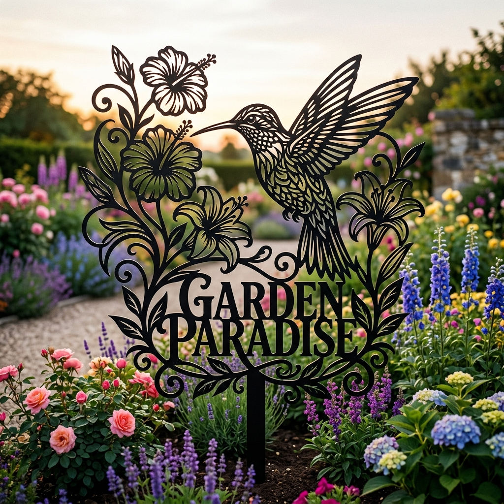 Kolibri Gartenstecker mit Hibiskus und Lilien aus Metall – Gartenparadies Deko aus Stahl für Beet und Rasen