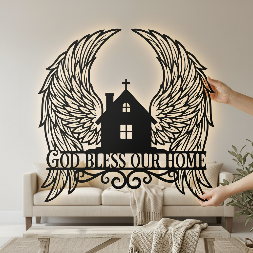 Personalized God Bless Our Home metal sign with angel wings in black steel – image 2