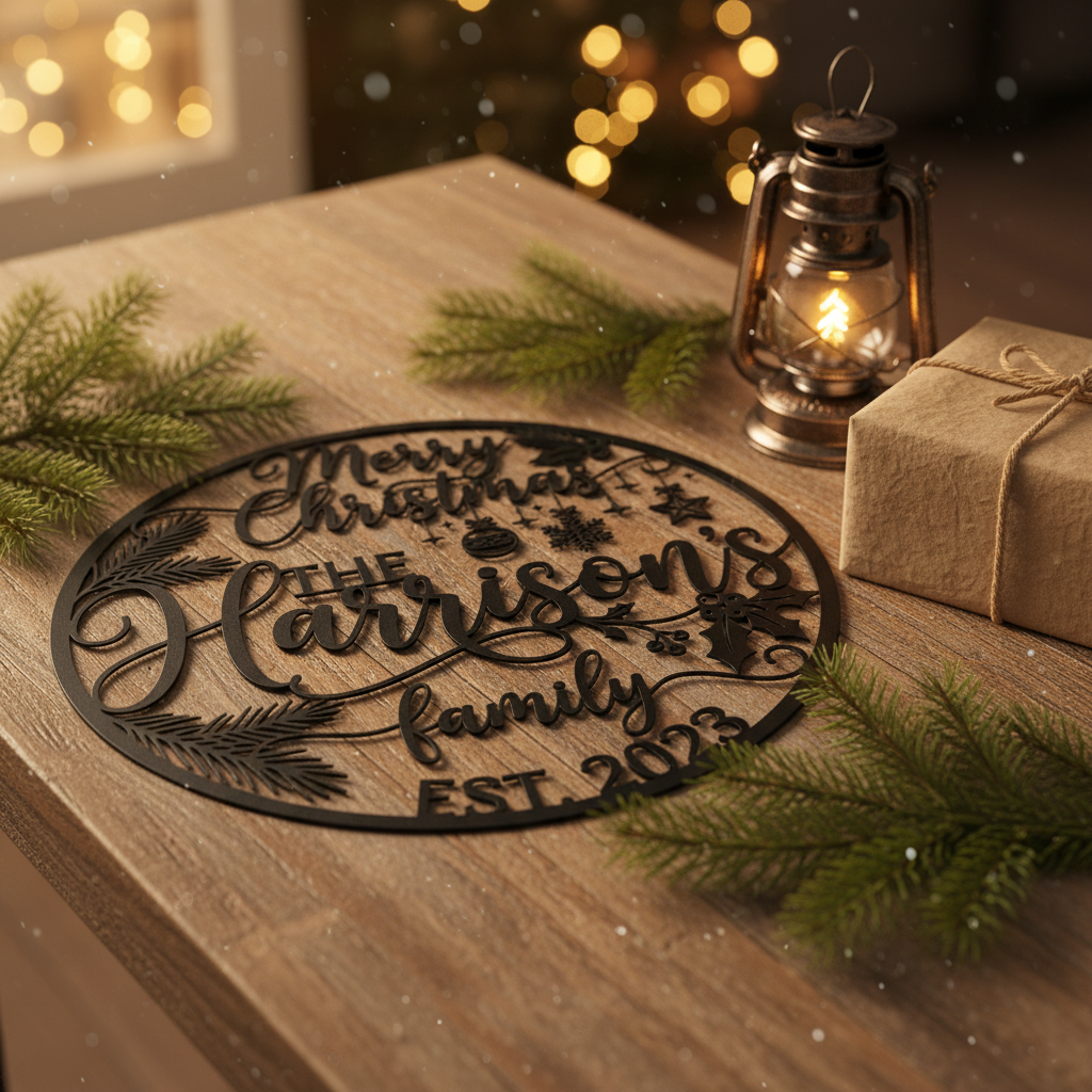 Personalisiertes Familienschild Merry Christmas mit Familienname aus schwarzem Stahl – Bild 2